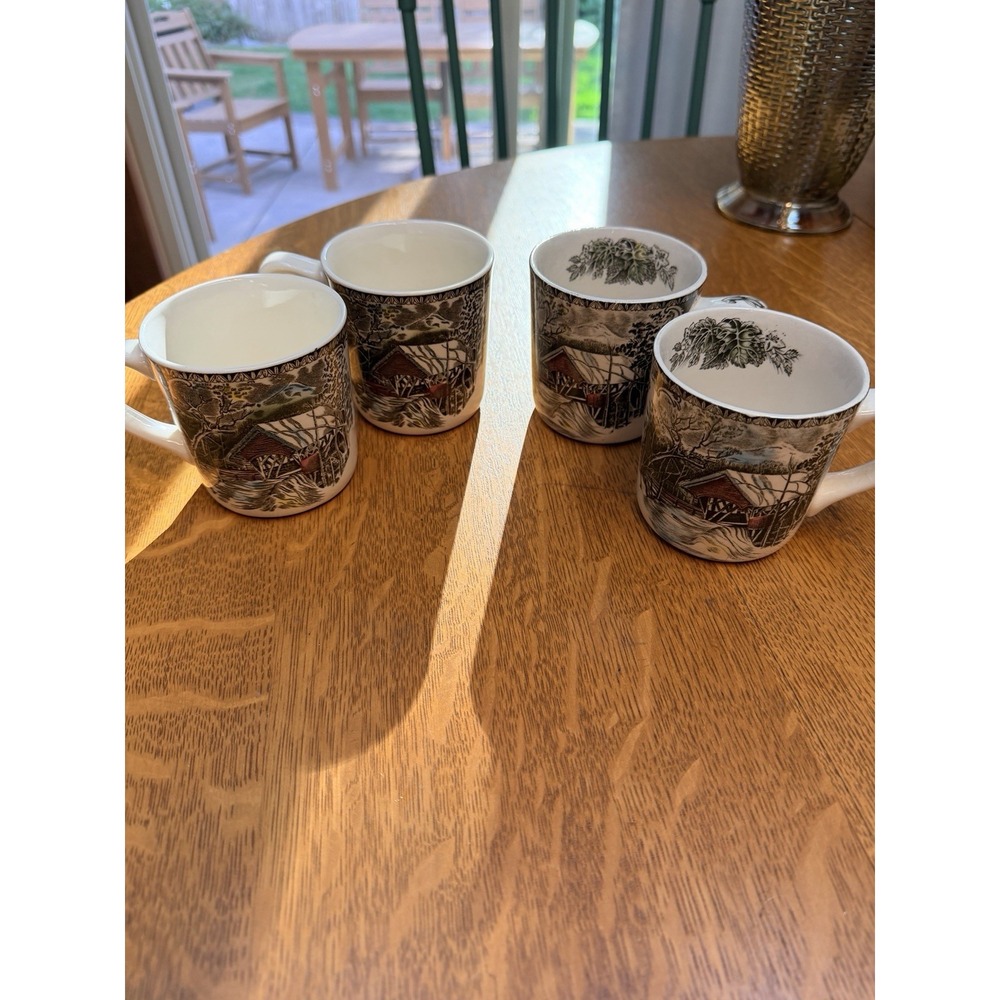 SET OF 4 JOHNSON BROTHERS FRIENDLY VILLAGE COFFEE MUGS-COVERED BRIDGE